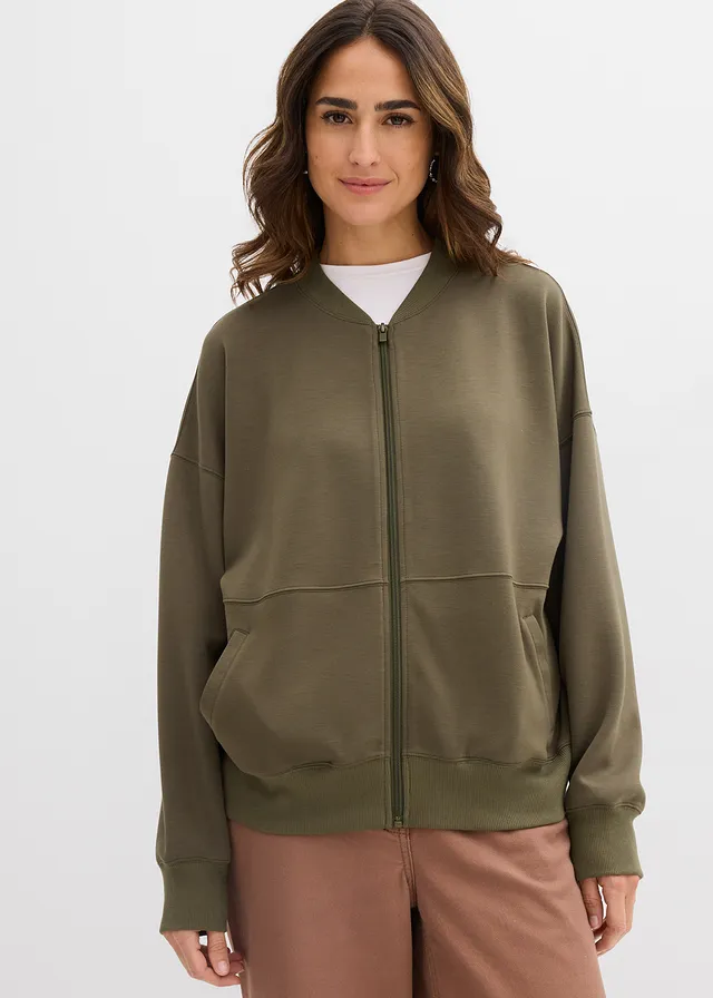 Oversized sweatvest van scuba, Kleur: donkerolijfgroen
