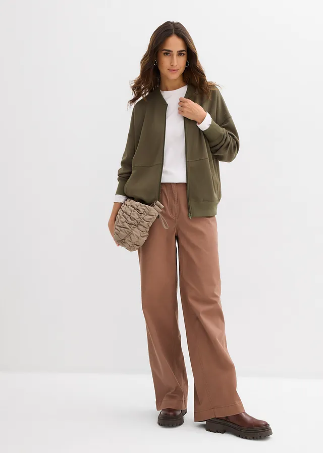 Sweat zippé oversize en matière néoprène, Couleur: olive foncé
