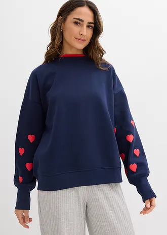 Sweater in een katoenmix, Kleur: donkerblauw-aardbeirood met print
