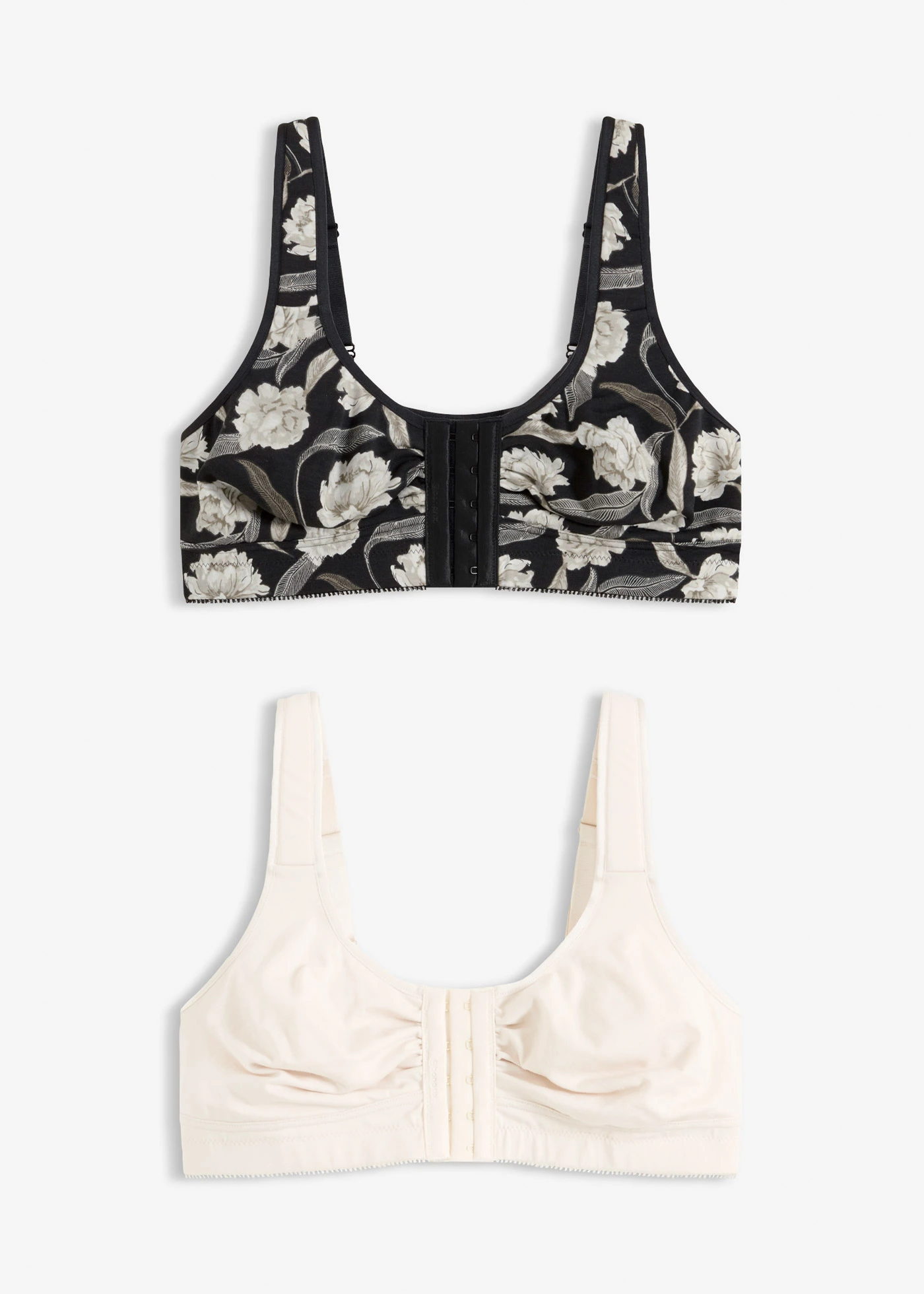 Lot de 2 soutiens-gorge sans armatures fermés devant • noir floral+blanc poudré • Boutique bonprix