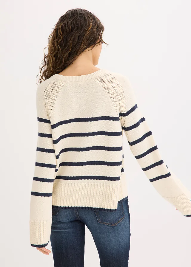 Pulover cu dungi în contrast • alb perlat/bleumarin cu dungi • magazin bonprix