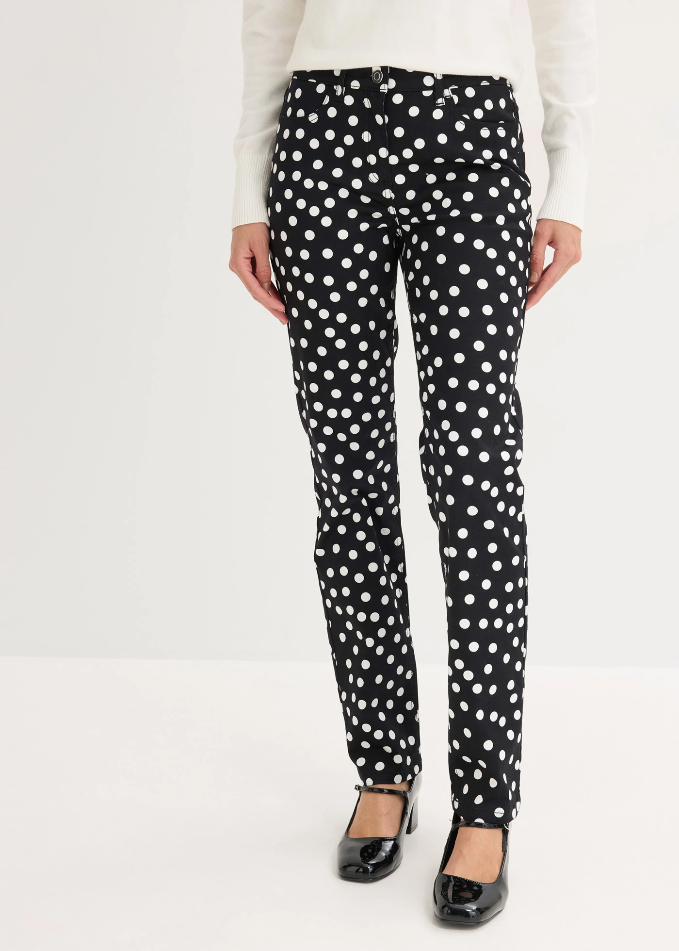 Pantaloni cu 5 buzunare stretch • negru-ecru cu puncte • magazin bonprix