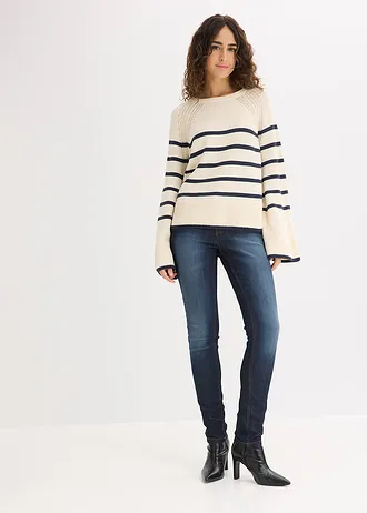 Pulover cu dungi în contrast, culoare: alb perlat/bleumarin cu dungi