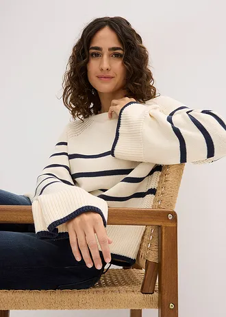 Pulóver s kontrastnými pásmi • perlovo biela/tmavomodrá    pásikovaná • obchod bonprix