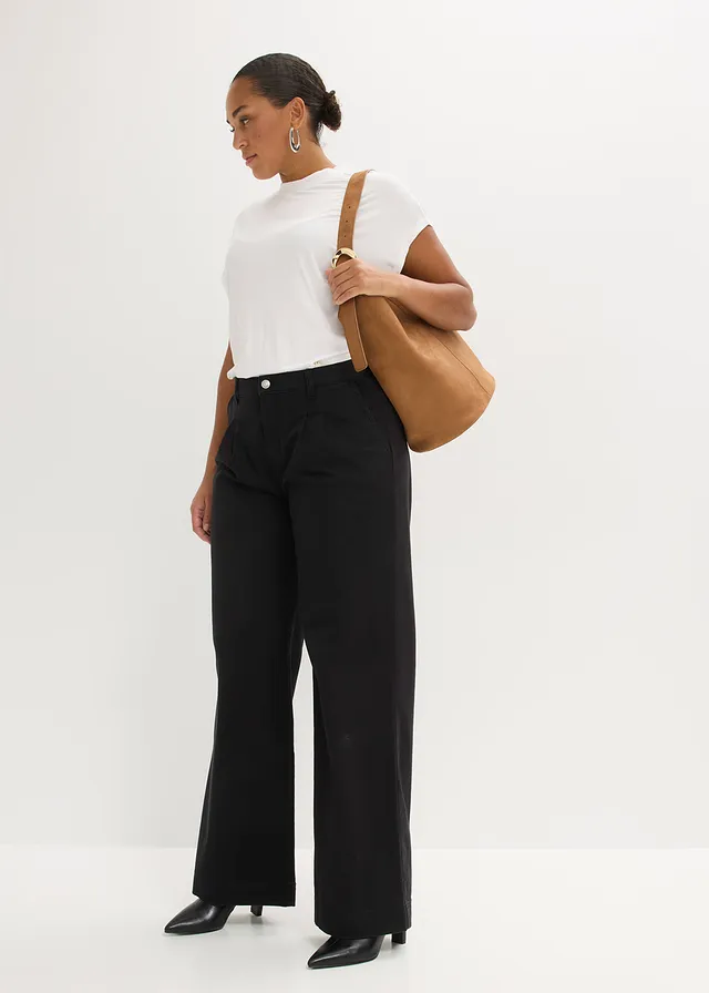 Pantalon large à pinces avec taille élastiquée, Couleur: noir