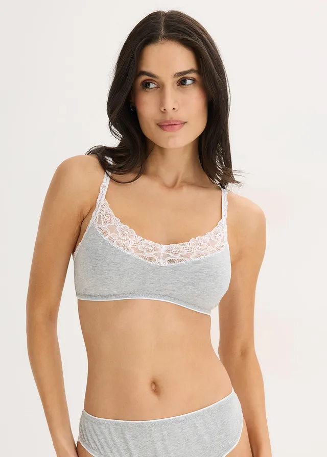 Bralette zonder beugels, met katoen en kant, Kleur: lichtgrijs gemêleerd-wit