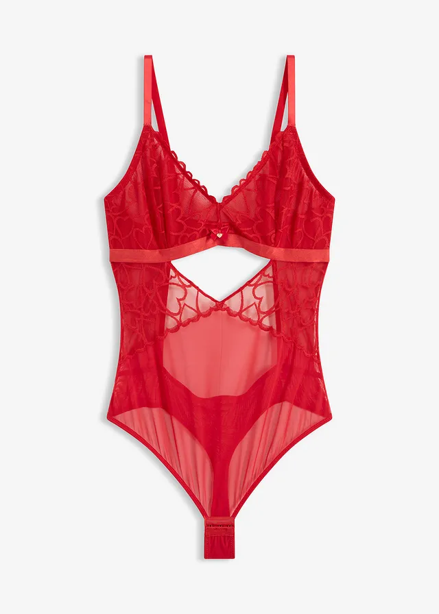 Stringbody met kant met hartjes, Kleur: salsarood