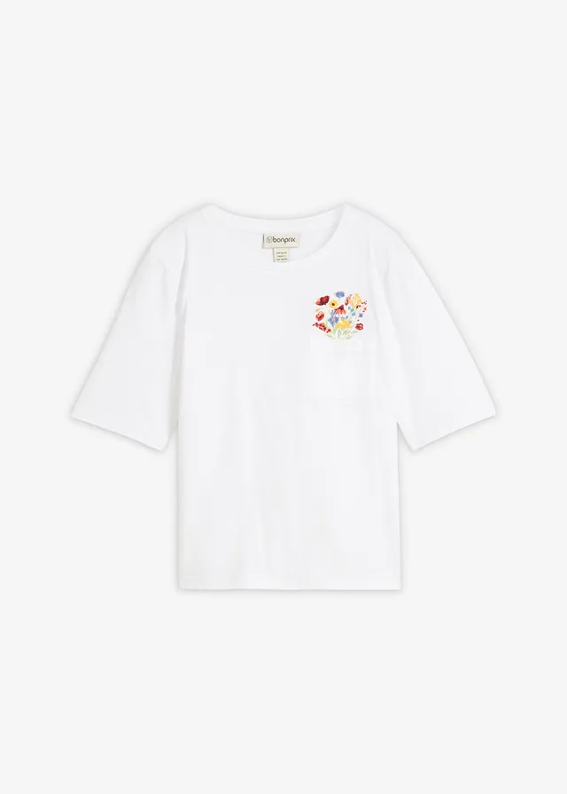 T-shirt z czystej bawełny organicznej, z haftem • biały w kwiaty • sklep bonprix