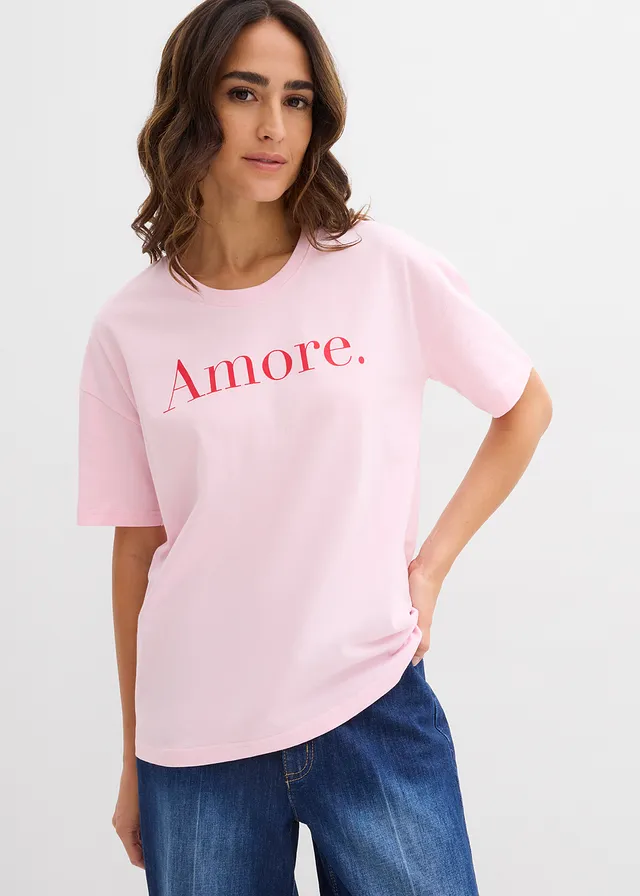 T-shirt z czystej bawełny organicznej • jasnoróżowy kryształowy-truskawkowy z nadrukiem • sklep bonprix