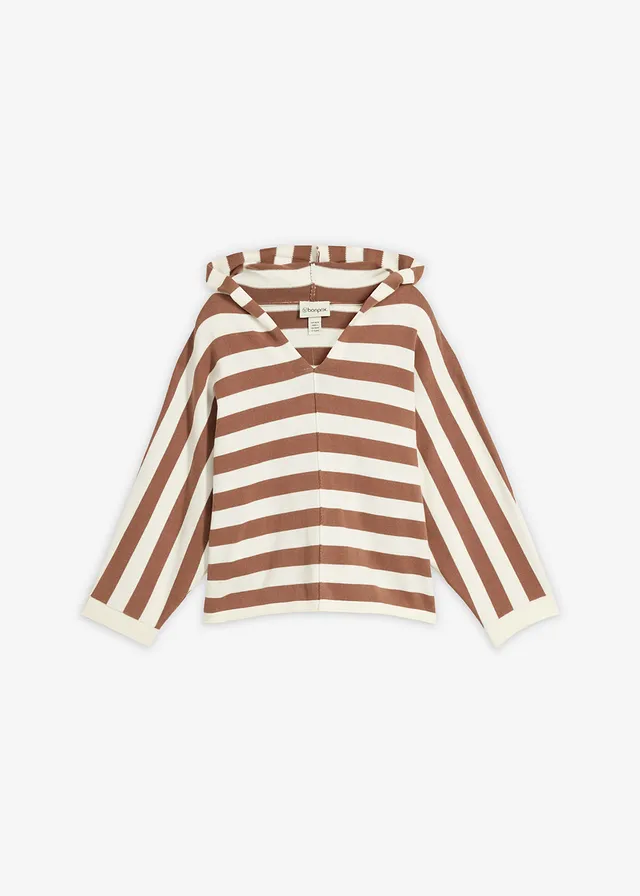 Pull oversize en fine maille, Couleur: blanc nacré-marron rayé