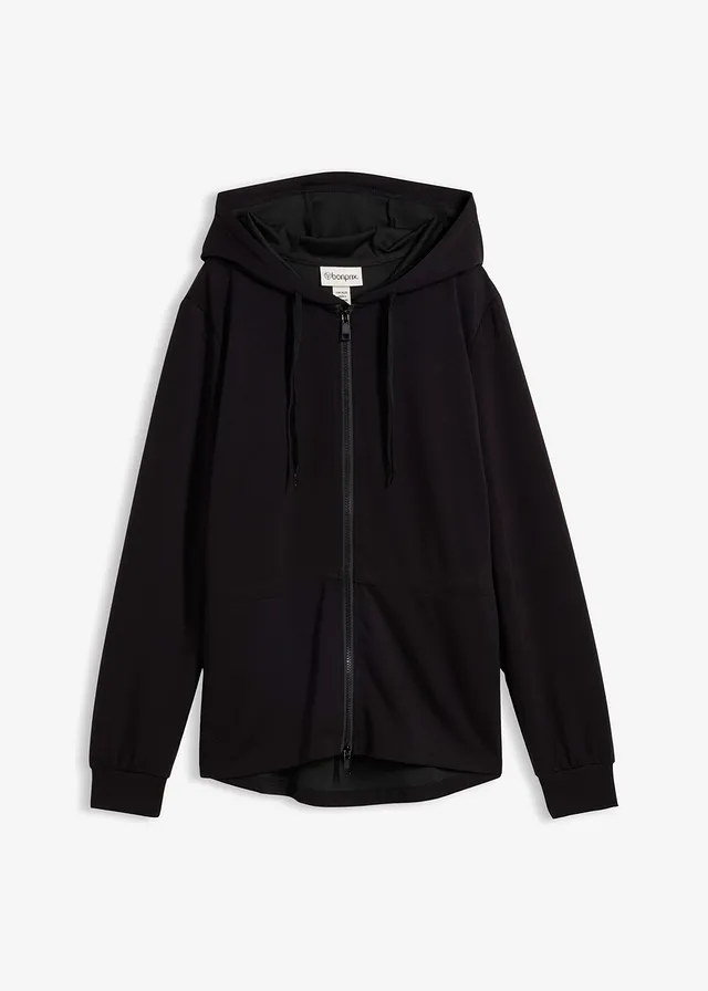 Sweat zippé à capuche, extensible, Couleur: noir