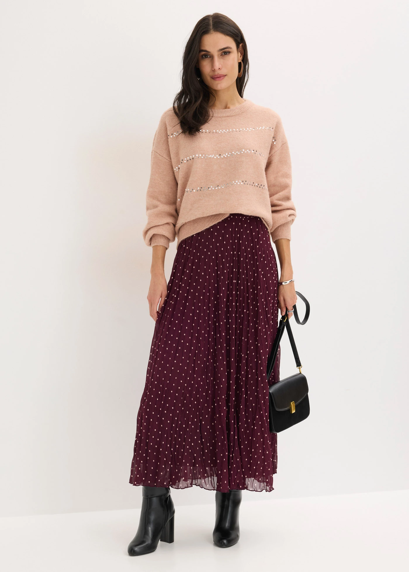 Šifónová sukňa v pokrčenom vzhľade • vínovo červená/matná béžová bodkovaná • obchod bonprix