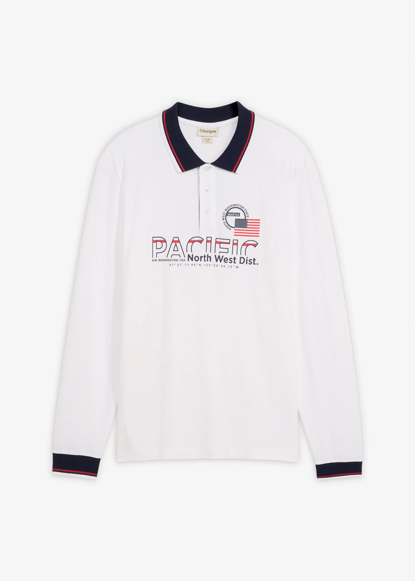 Polo manches longues en maille piquée 100% coton • blanc imprimé • Boutique bonprix