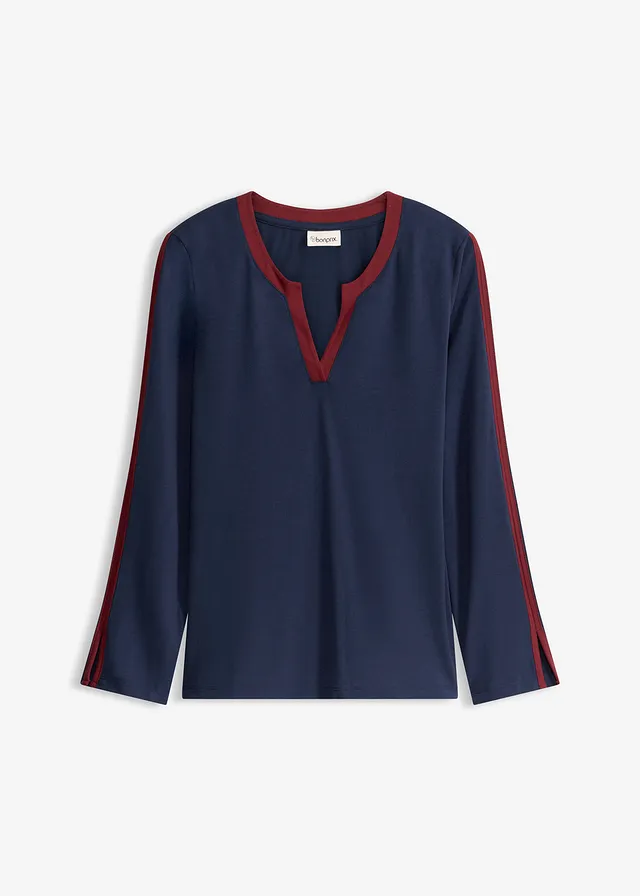 T-shirt à manches longues fendues, Couleur: bleu foncé-rouge rubis