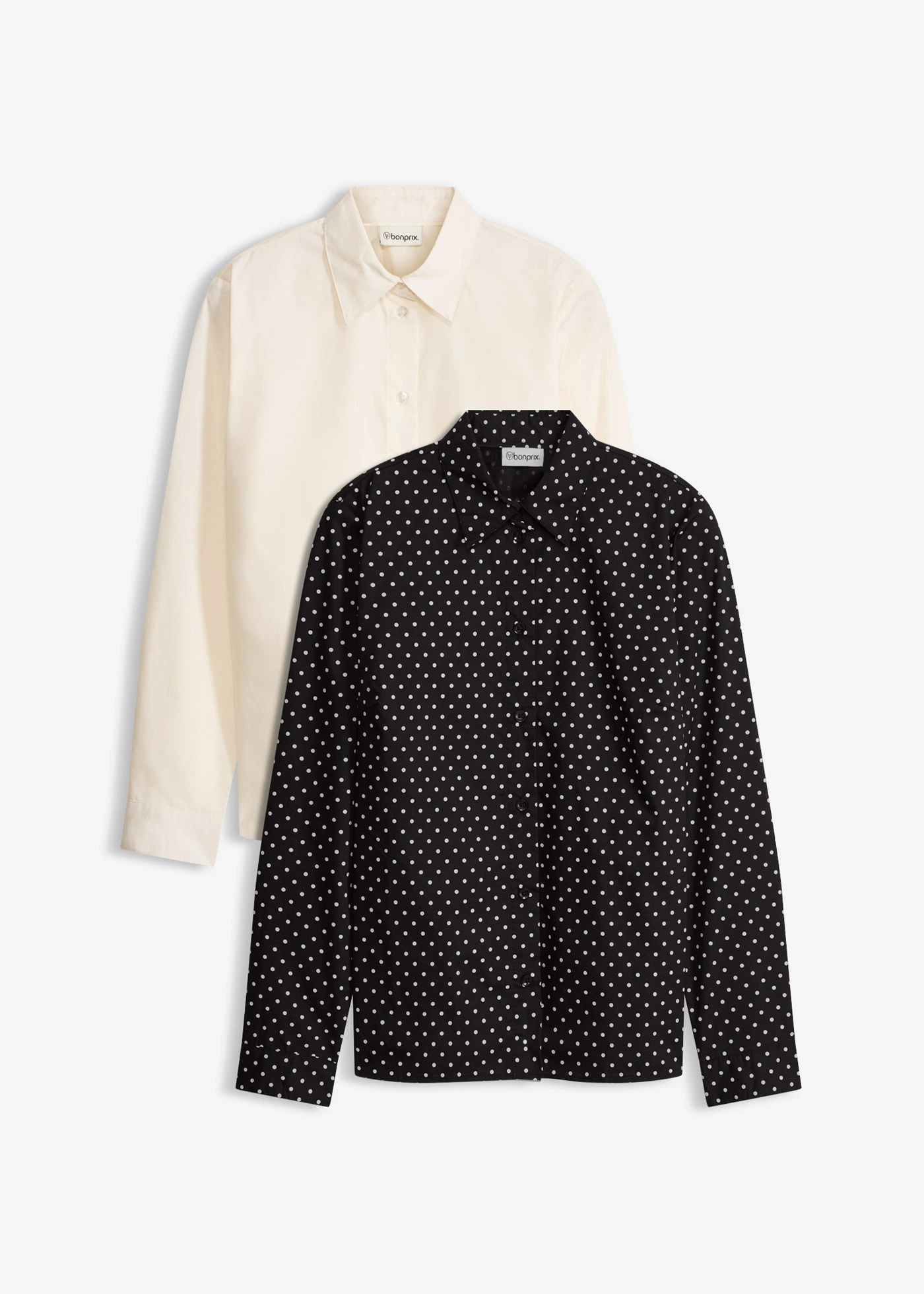 Overhemdblouses met katoen (set van 2) • wit effen en zwart-wit gestippeld • bonprix online shop