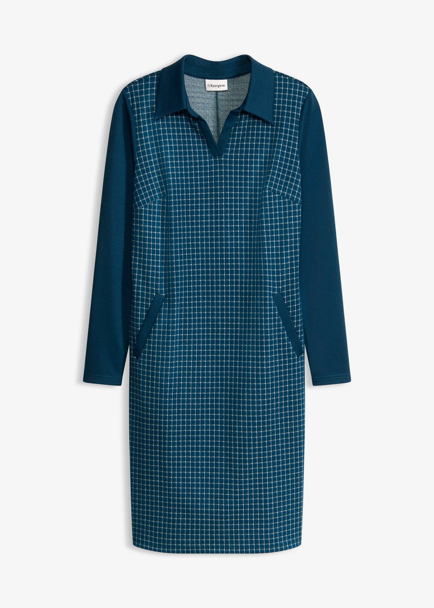 Robe en jacquard à col contrastant • pétrole-blanc nacré carreaux • Boutique bonprix