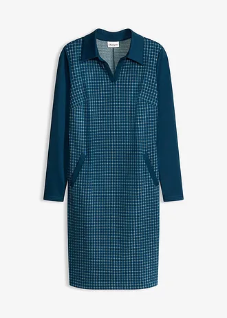 Jacquard jurk met contrasterende kraag, Kleur: blauwpetrol-parelwit geruit