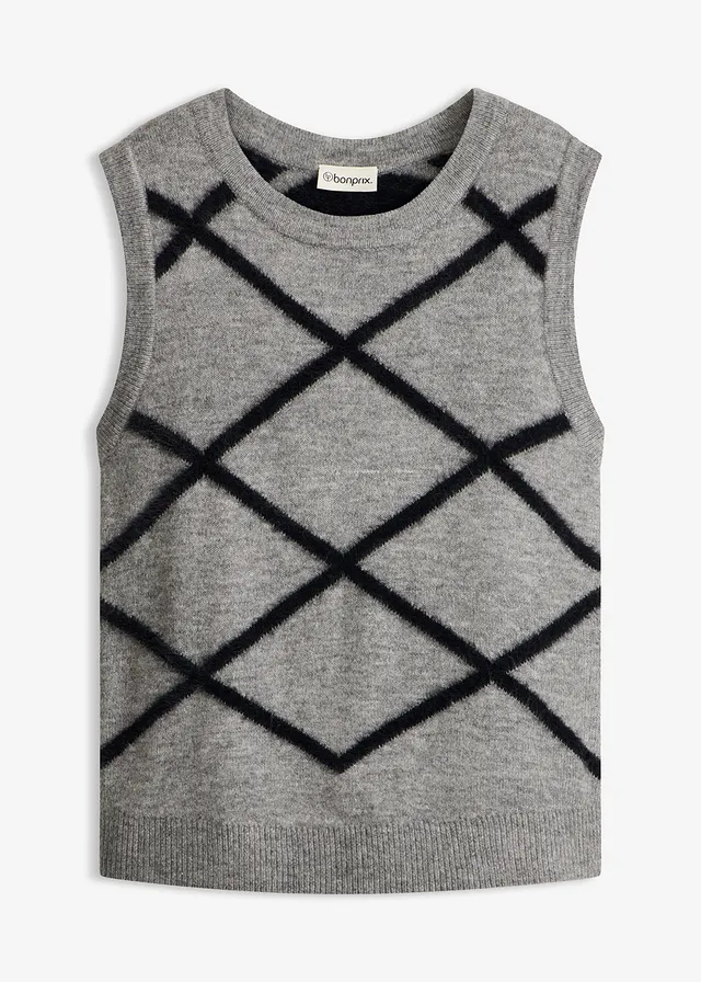 Ujjatlan pulóver tollas fonallal • szürke melírozott-fekete grafikai mintás • bonprix áruház