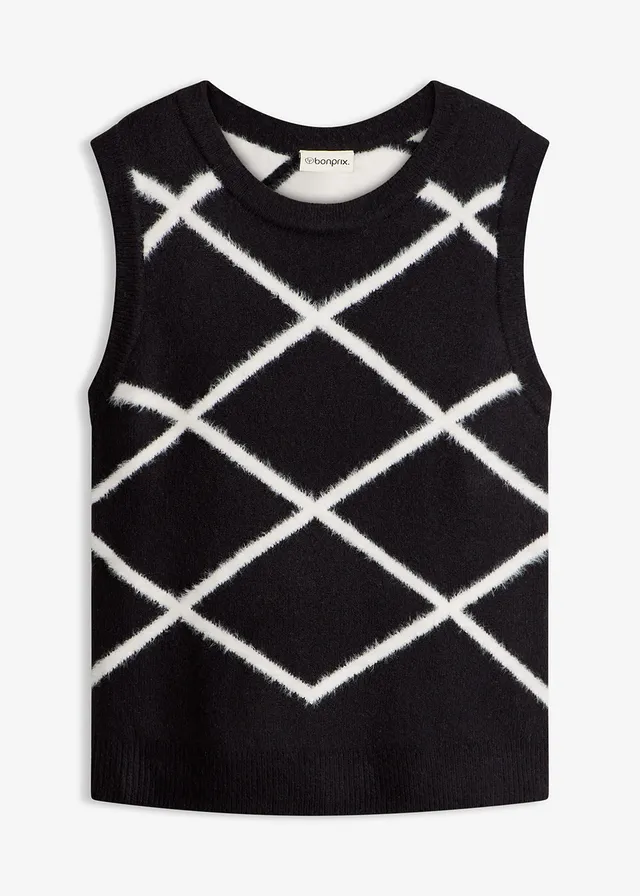 Vestă cu fir pufos • negru-ecru grafic • magazin bonprix