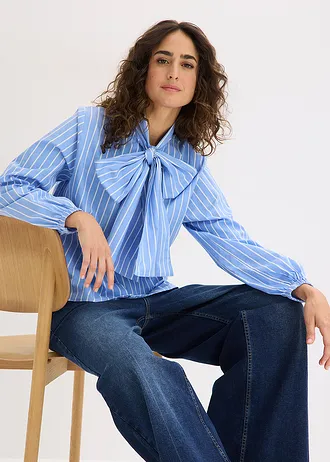 Chemisier à col lavallière • bleu moyen-blanc rayé • Boutique bonprix