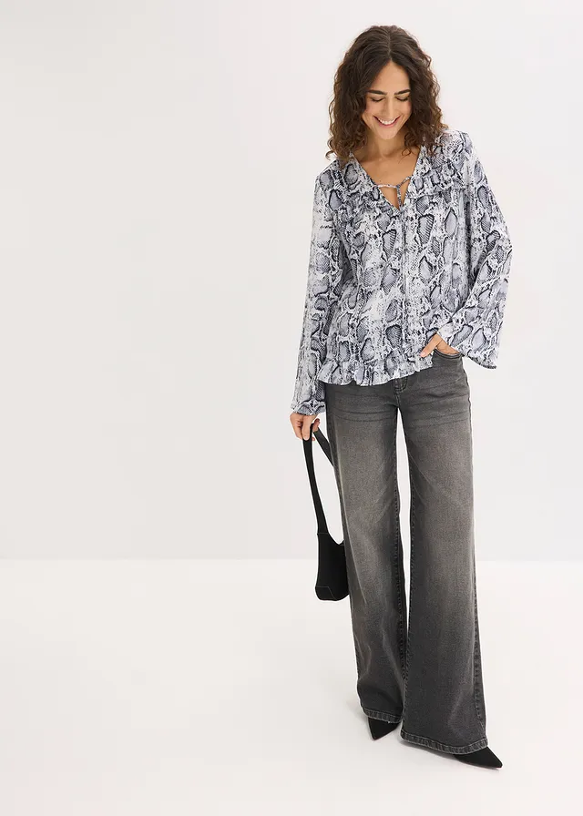 Blouse en satin fluide, Couleur: noir-blanc python