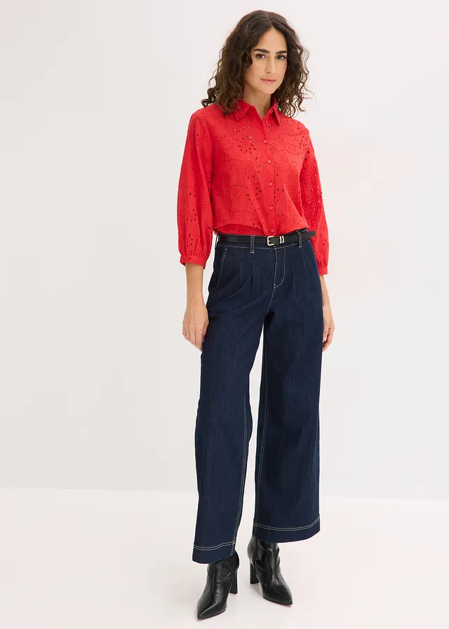 Blouse met broderie anglaise, Kleur: aardbeirood