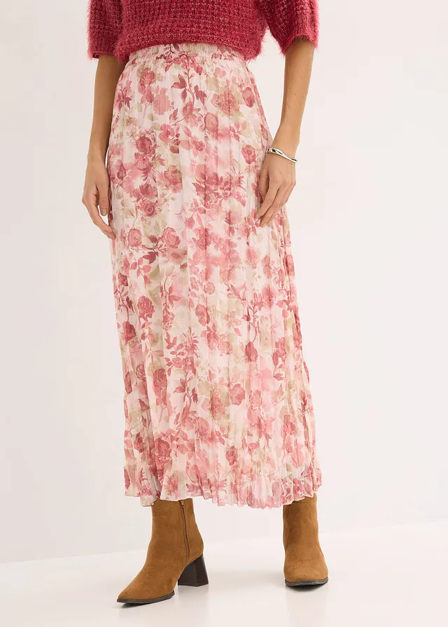 Chiffon rok met crinkle-effect, Kleur: lichtroze gebloemd