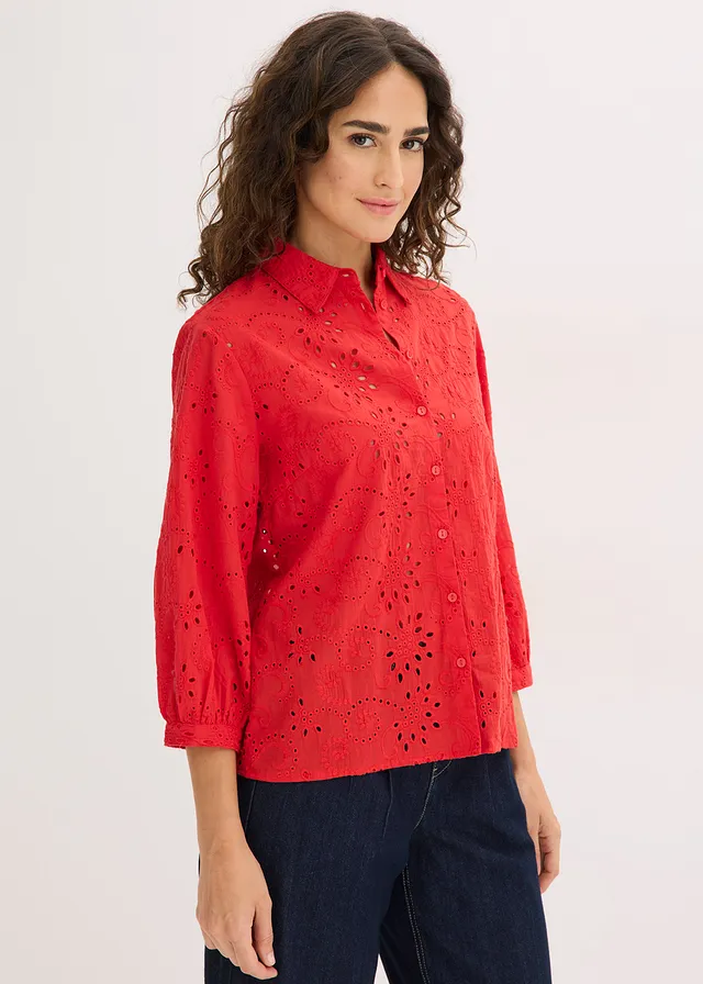 Blouse met broderie anglaise, Kleur: aardbeirood