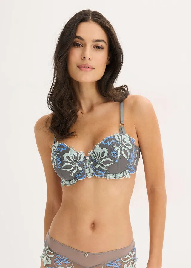 Soutien-gorge balconnet avec broderie, Couleur: gris granit-bleu moyen floral