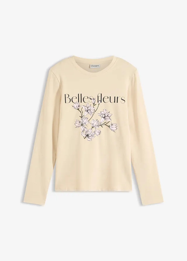 Bluzka z długim rękawem, z bawełny organicznej • jasny piaskowy-zieleń mchu • sklep bonprix