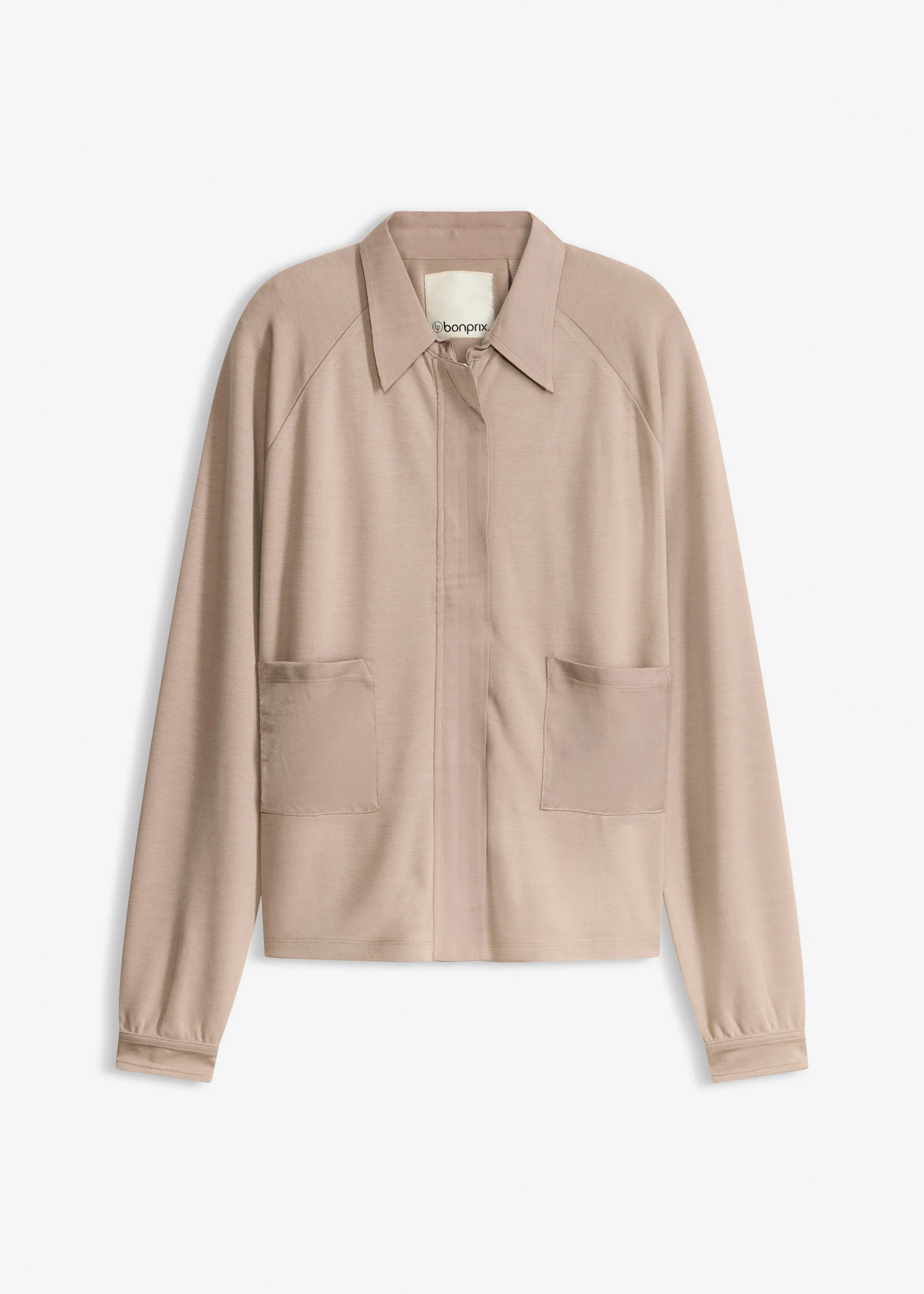 Veste légère en Punto di Roma avec bordure en satin • taupe • Boutique bonprix