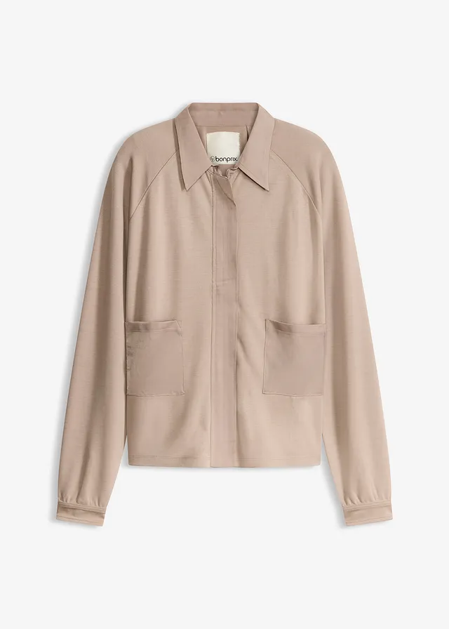 Veste légère en Punto di Roma avec bordure en satin, Couleur: taupe