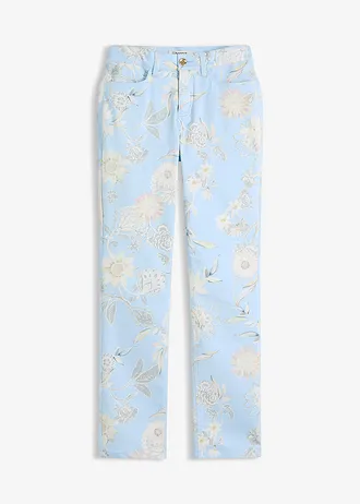 Gedessineerde stretch broek, Kleur: poederblauw-lichtsand gebloemd