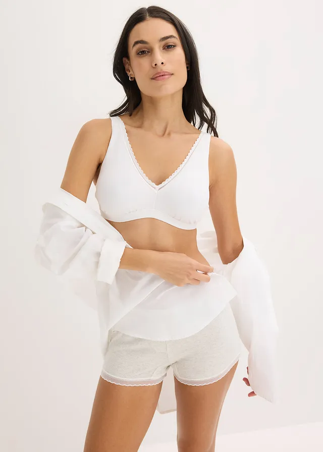 Gewatteerde bralette zonder beugels, met biologisch katoen en kant, Kleur: wit