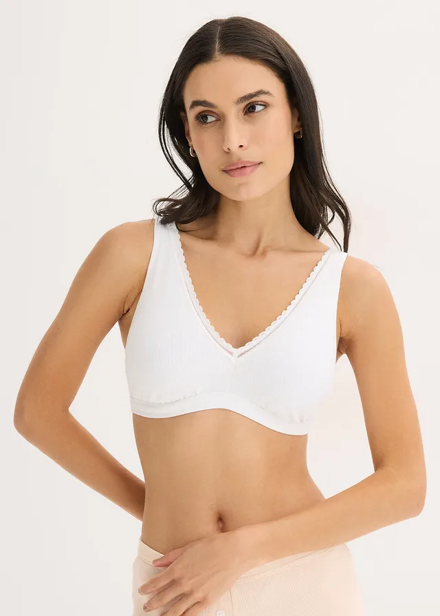 Gewatteerde bralette zonder beugels, met biologisch katoen en kant, Kleur: wit