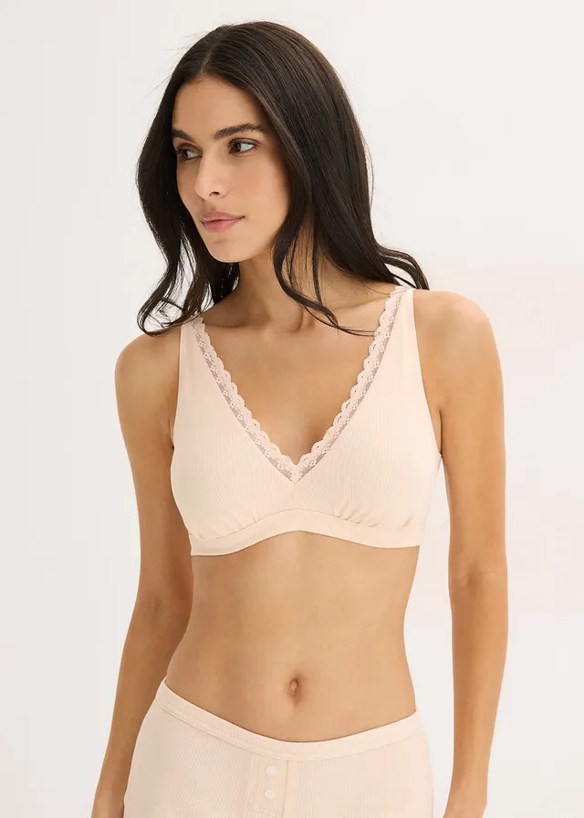 Geribde bralette met biologisch katoen en kant, Kleur: zijderoze