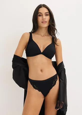 Tanga string met zacht geribd materiaal, Kleur: zwart