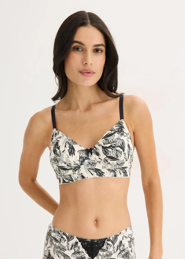 Lot de 3 soutiens-gorge coton sans armatures, Couleur: beige naturel-noir floral + noir + gris granit