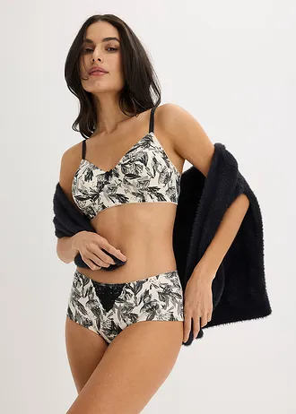 Sutien fără armătură cu bumbac organic (set/3 buc.), culoare: bej natur-negru floral+ negru+gri-granit