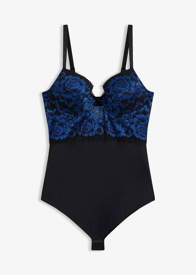 Body ze stringami z koronki • czarno-nocny niebieski • sklep bonprix