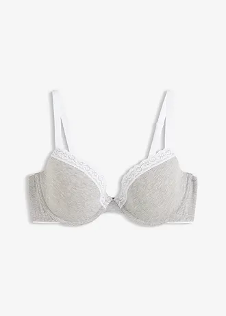 Soutien-gorge coton à coques, armatures et dentelle, Couleur: gris clair chiné-blanc
