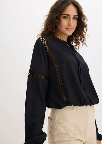 Longsleeve van gestructureerde crêpe • zwart • bonprix online shop