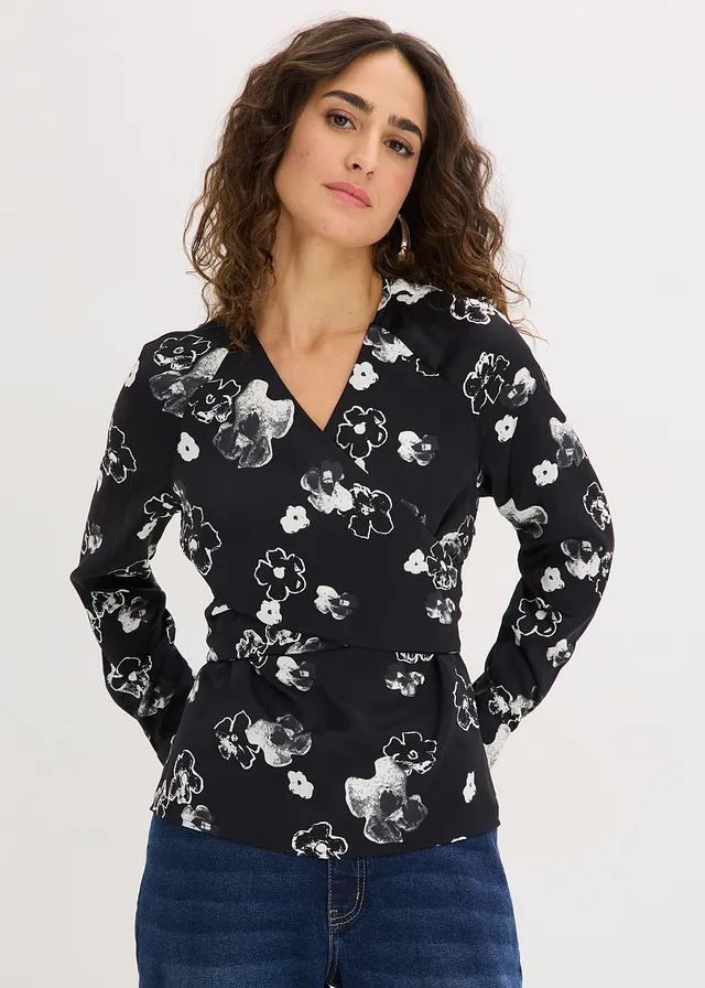 Blouse van soepel satijn, Kleur: zwart gebloemd
