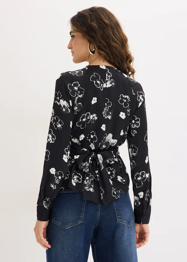Blouse en satin fluide, Couleur: noir floral