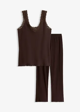 Geribde pyjama met kanten top