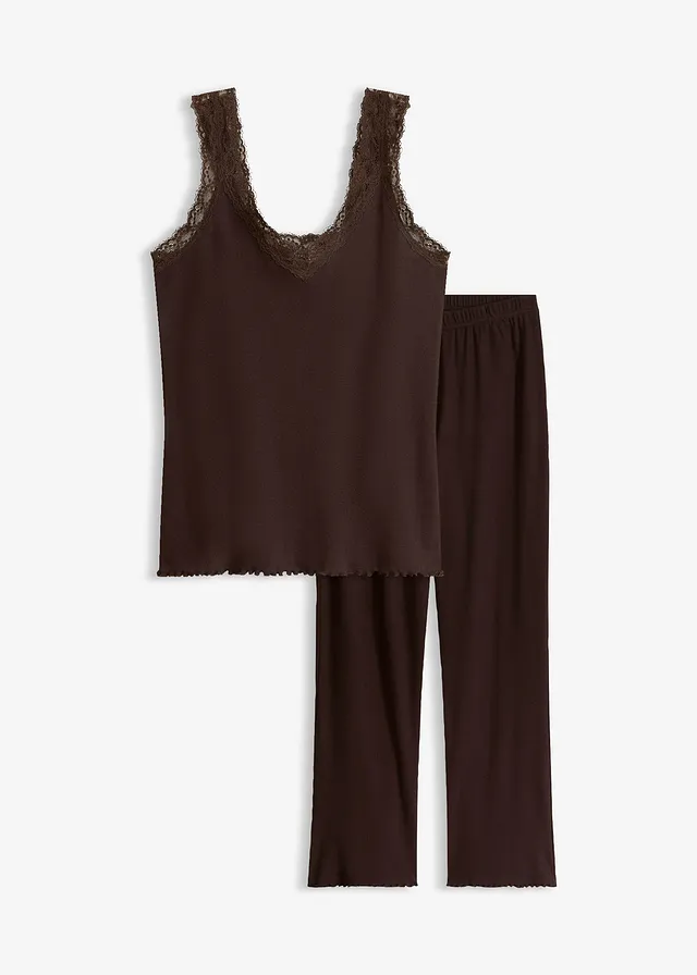 Pyjama côtelé avec top à dentelle, Couleur: marron foncé