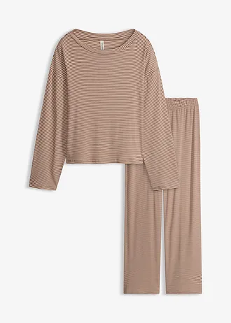 Pyjama oversize en coton doux • marron-beige sable rayé • Boutique bonprix