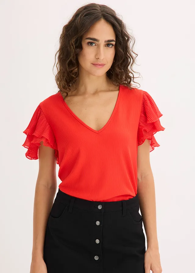 Shirt met volants, Kleur: aardbeirood