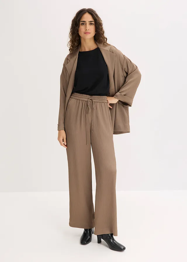 Wijde broek met comfortband, Kleur: taupe