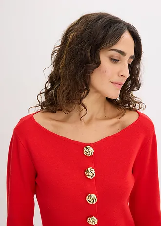 Pletený sveter, Peplum, s dekoratívnymi gombičkami • jahodová • obchod bonprix